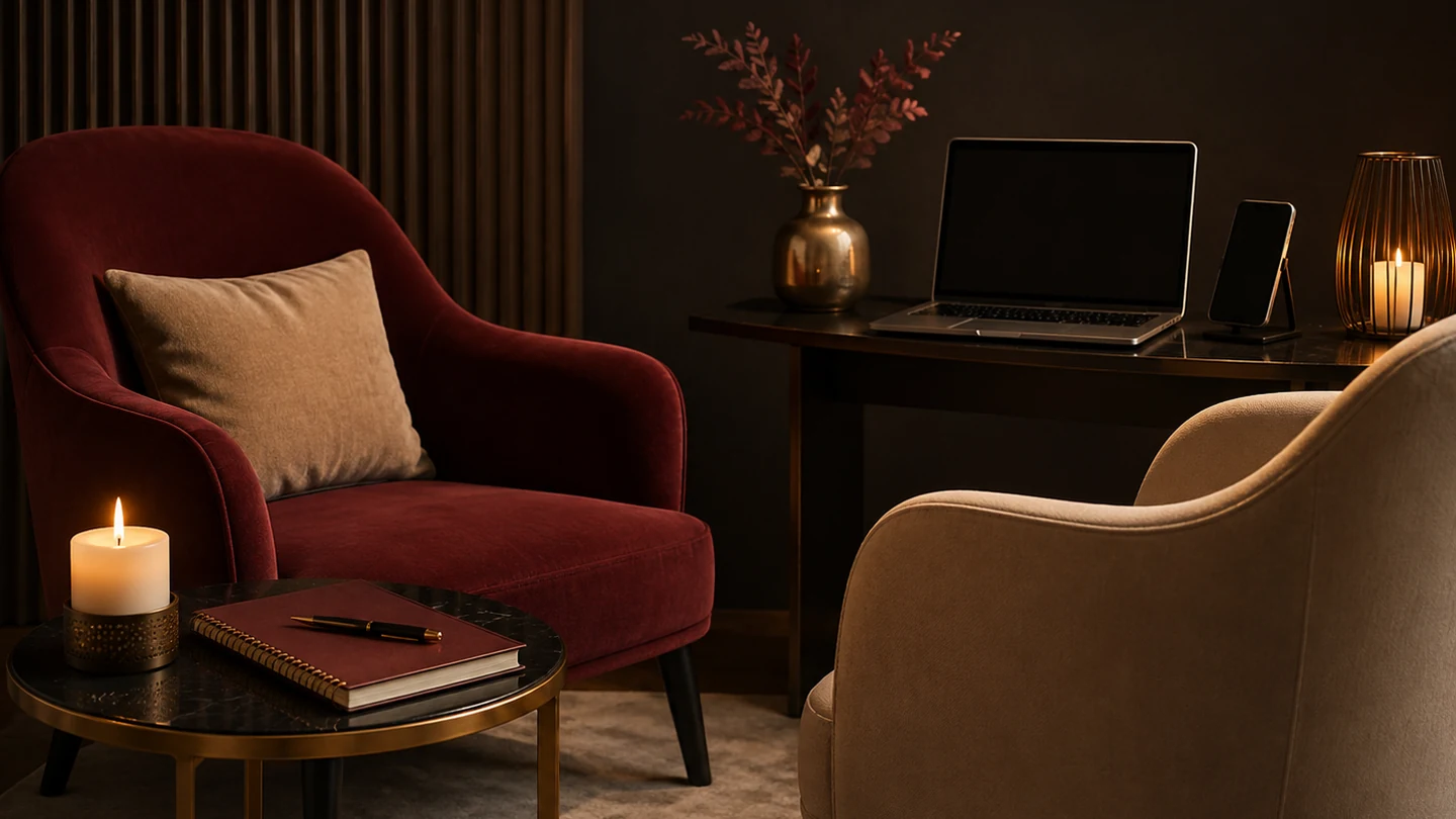 Sala de atendimento com duas poltronas, notebook, celular e iluminação suave