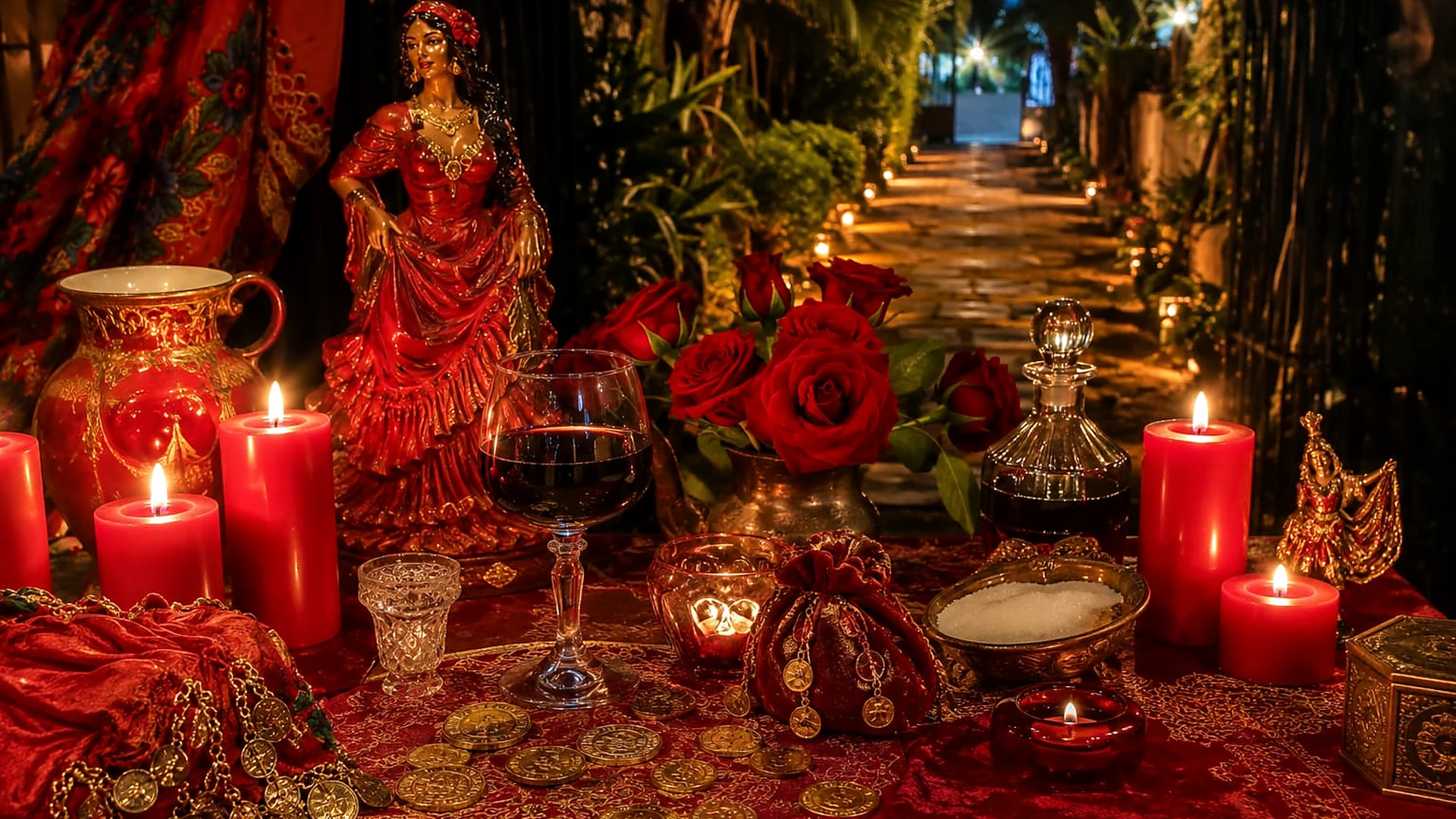 Ambiente espiritual com velas, rosas e elementos simbólicos
