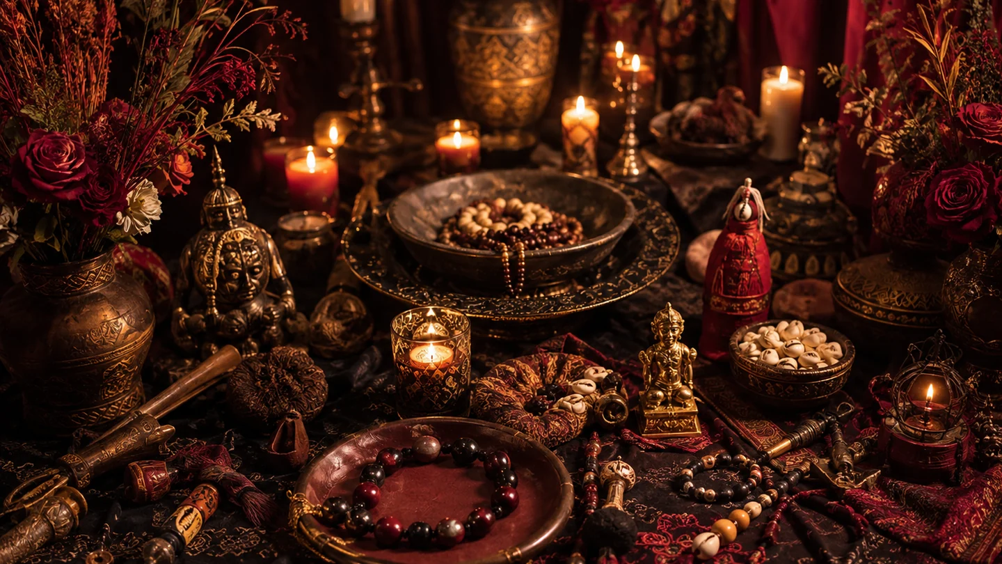 Composição espiritual com velas e objetos decorativos