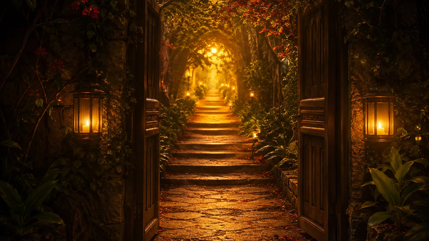 Caminho iluminado em meio à natureza